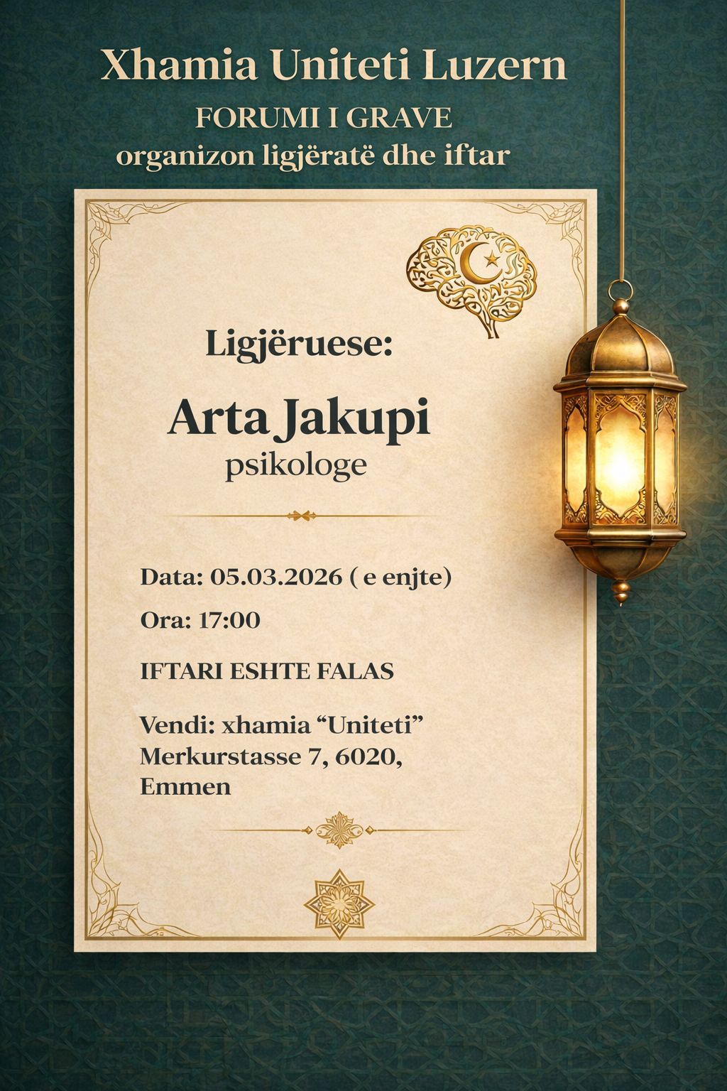 Poster: Xhamia Uniteta Luzern – ligjëratë dhe iftar